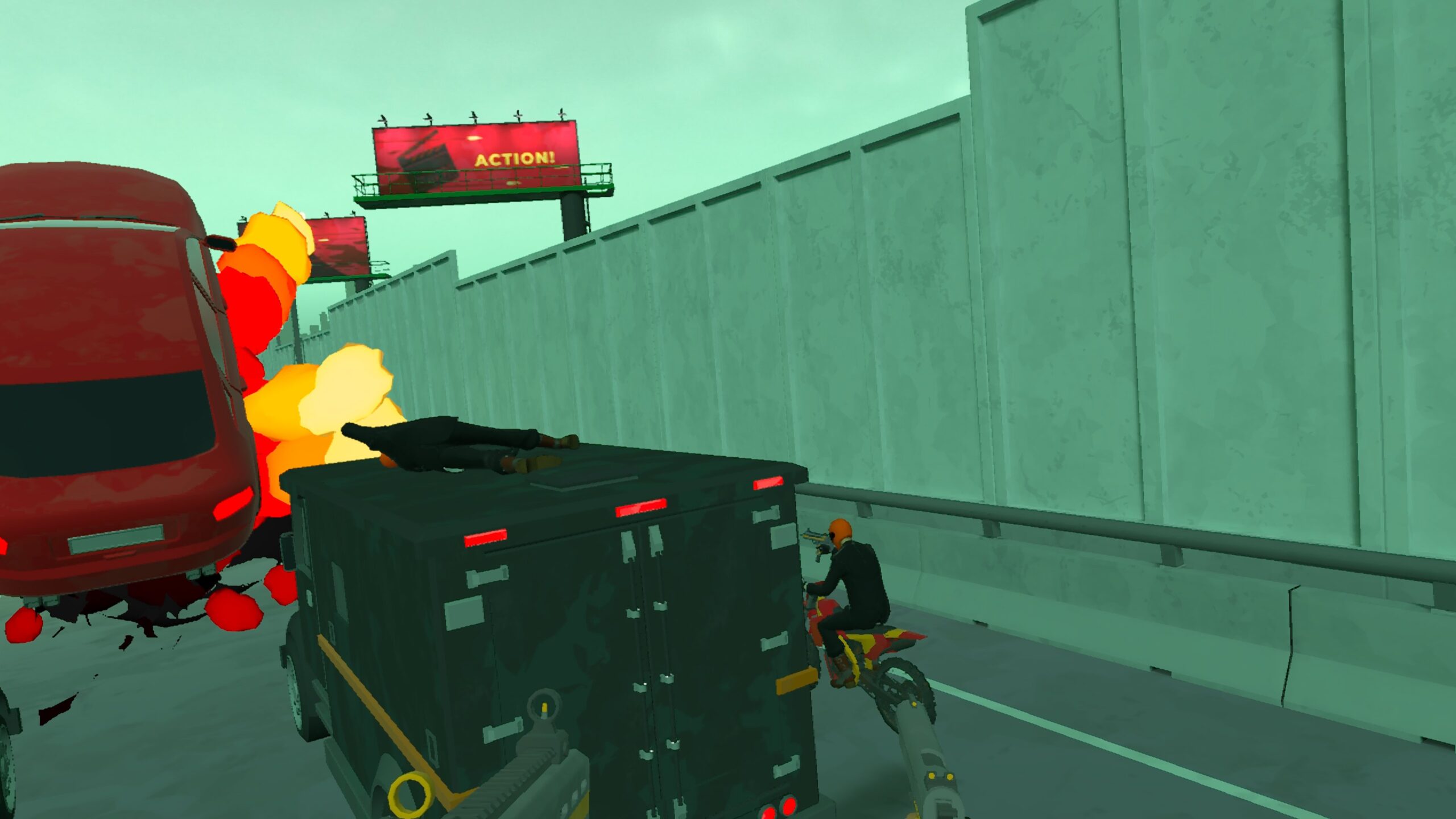 Action Hero screenshot shows you aiming a gun at a motorbike rider as a nearby car explodes