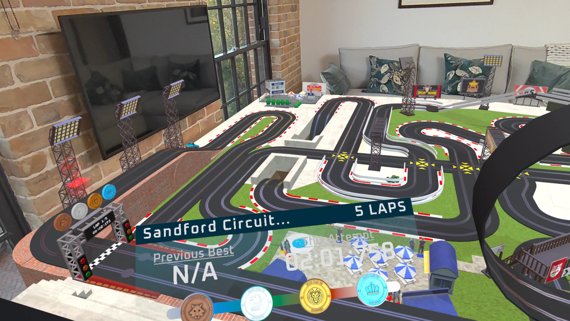 Slot Car VR screenshot which shows a race track in mixed reality.