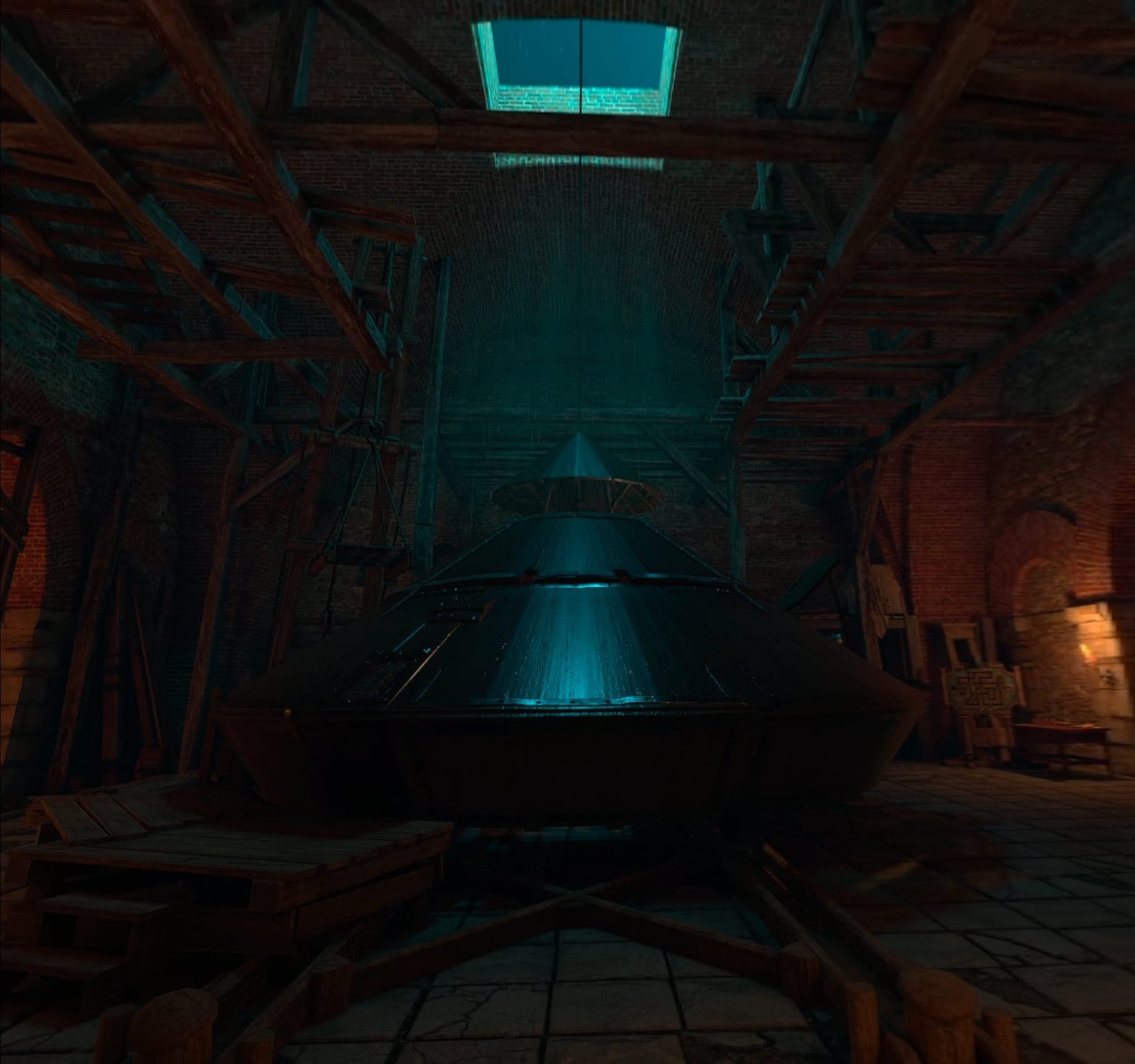 A dark room, almost like a dungeon, but with a flying saucer looking invention in the center 