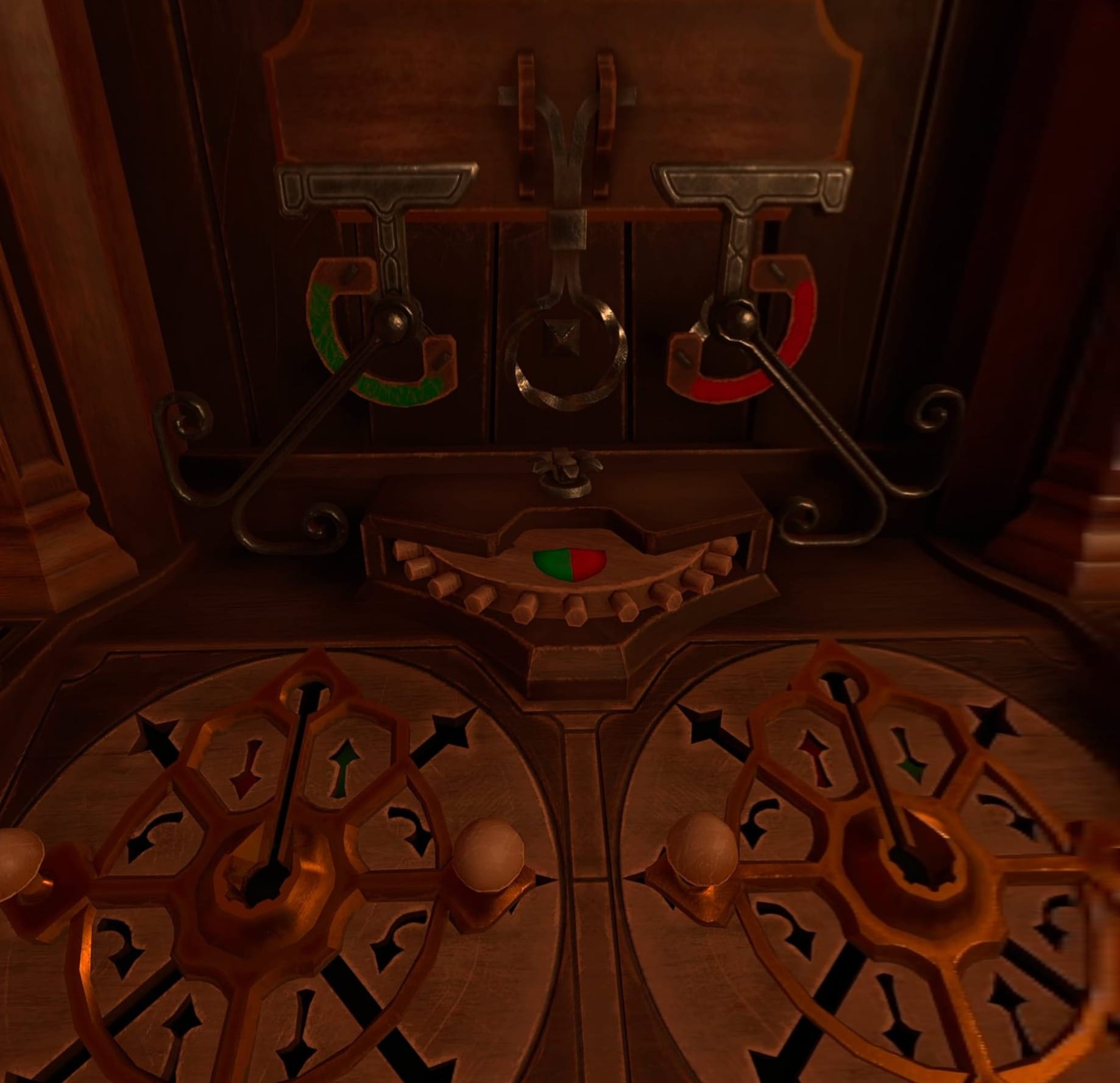 A complex wooden puzzle, all gears and mysterious slots and buttons.