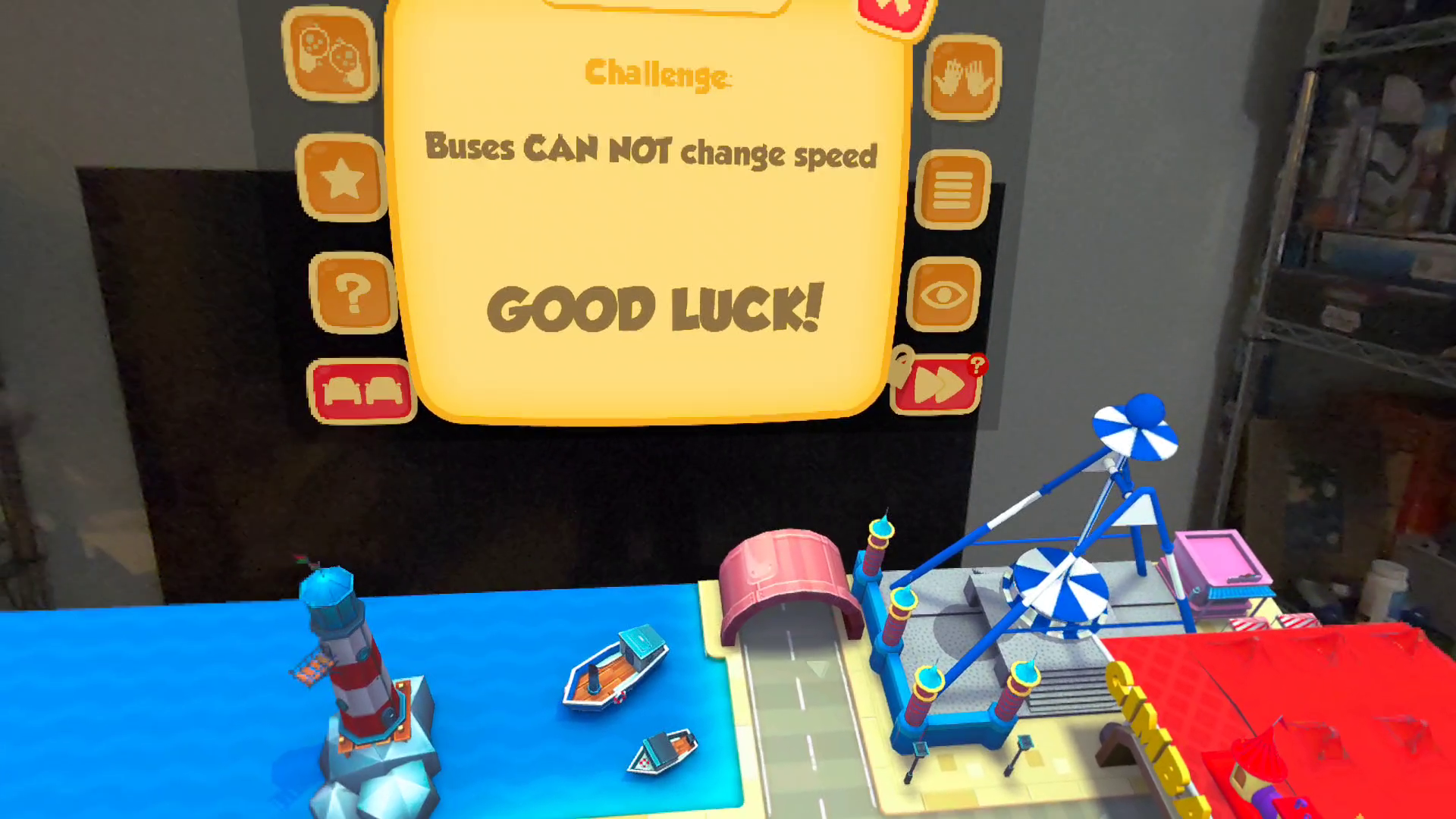 Stupid Cars menu board in mixed reality showing a challenge that says