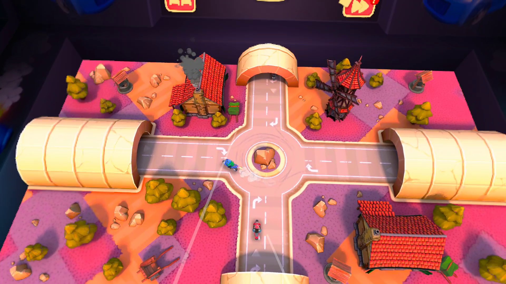 Stupid Cars screenshot shows four tunnels that converge on a roundabout