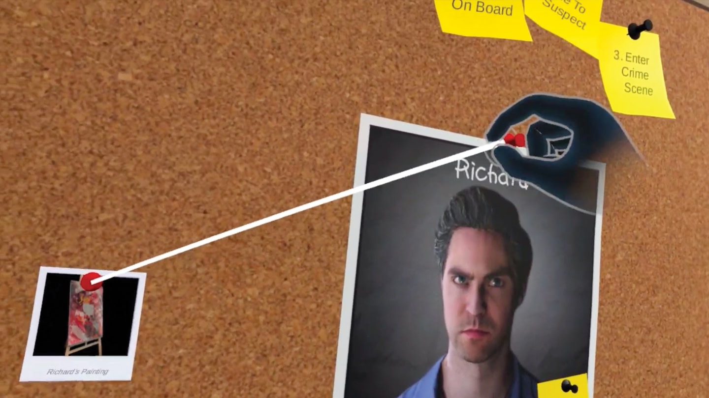 Detective VR screenshot shows an evidence board with photos and post-it notes attached