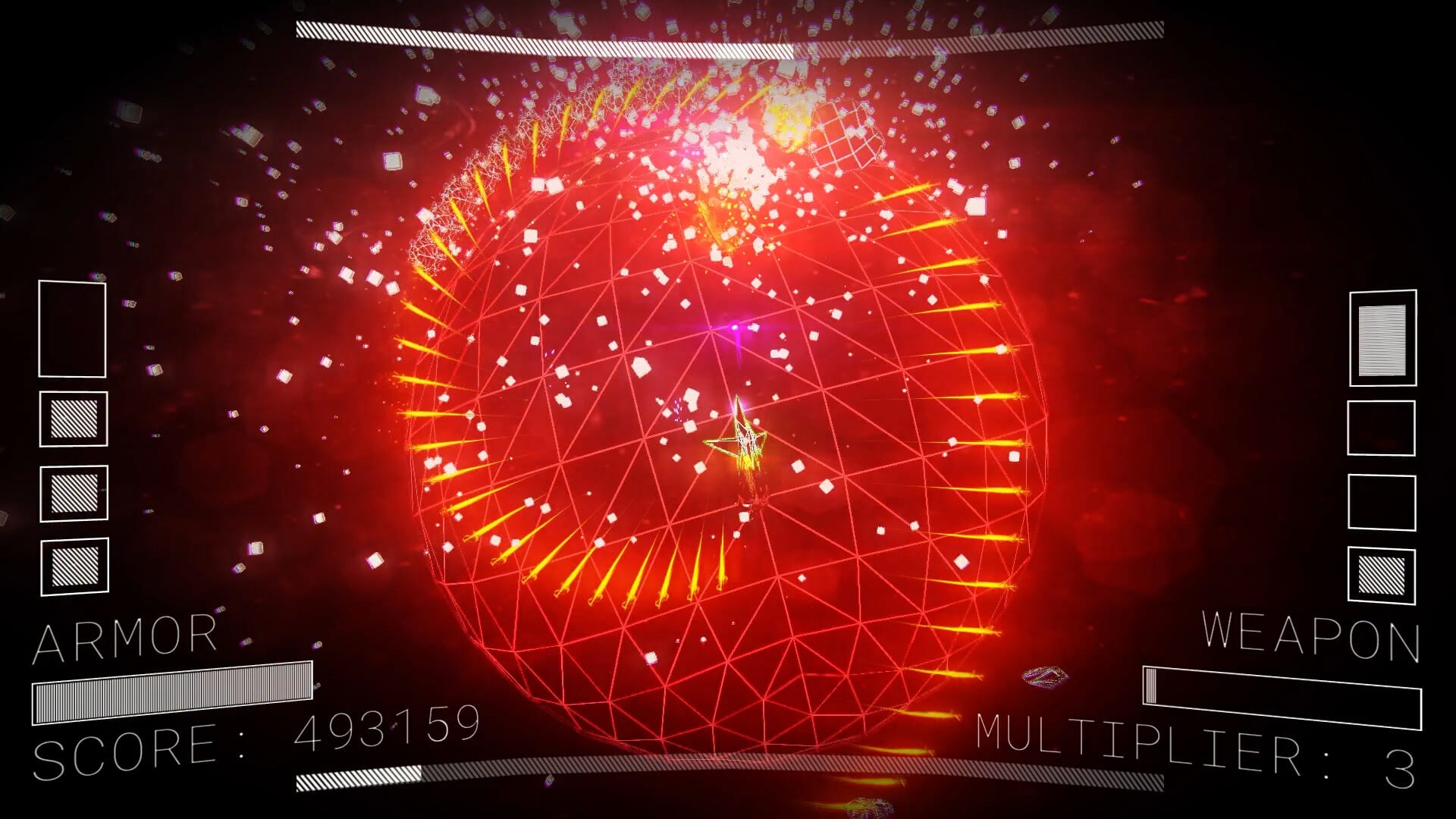 Stratogun screenshot shows a ship on a red wireframe sphere, with orange lines visibly pointing up vertically across the sphere