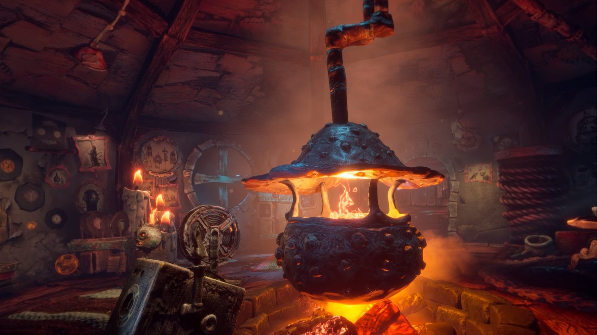 The Midnight Walk screenshot shows a fire pit in the middle of a room