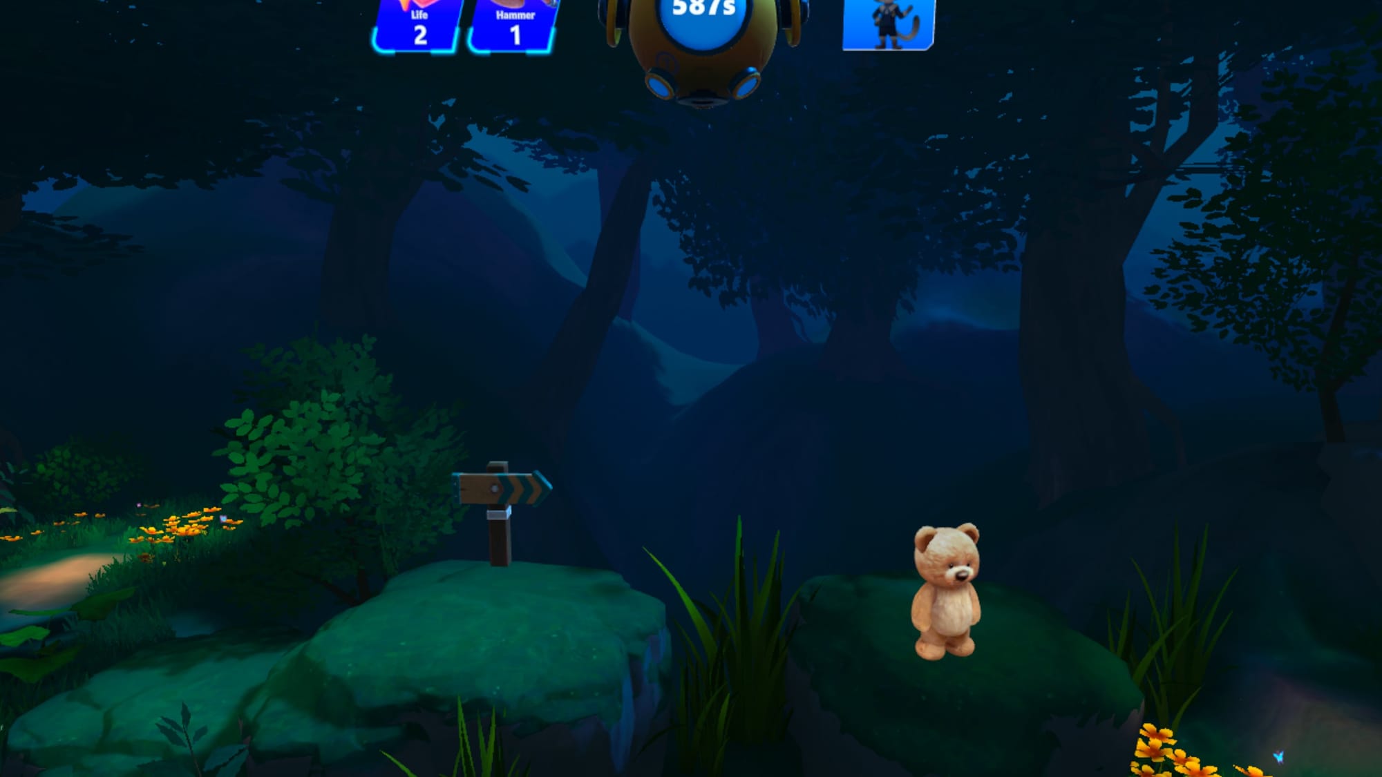 Bearly Escape screenshot shows a small bear navigating a forest