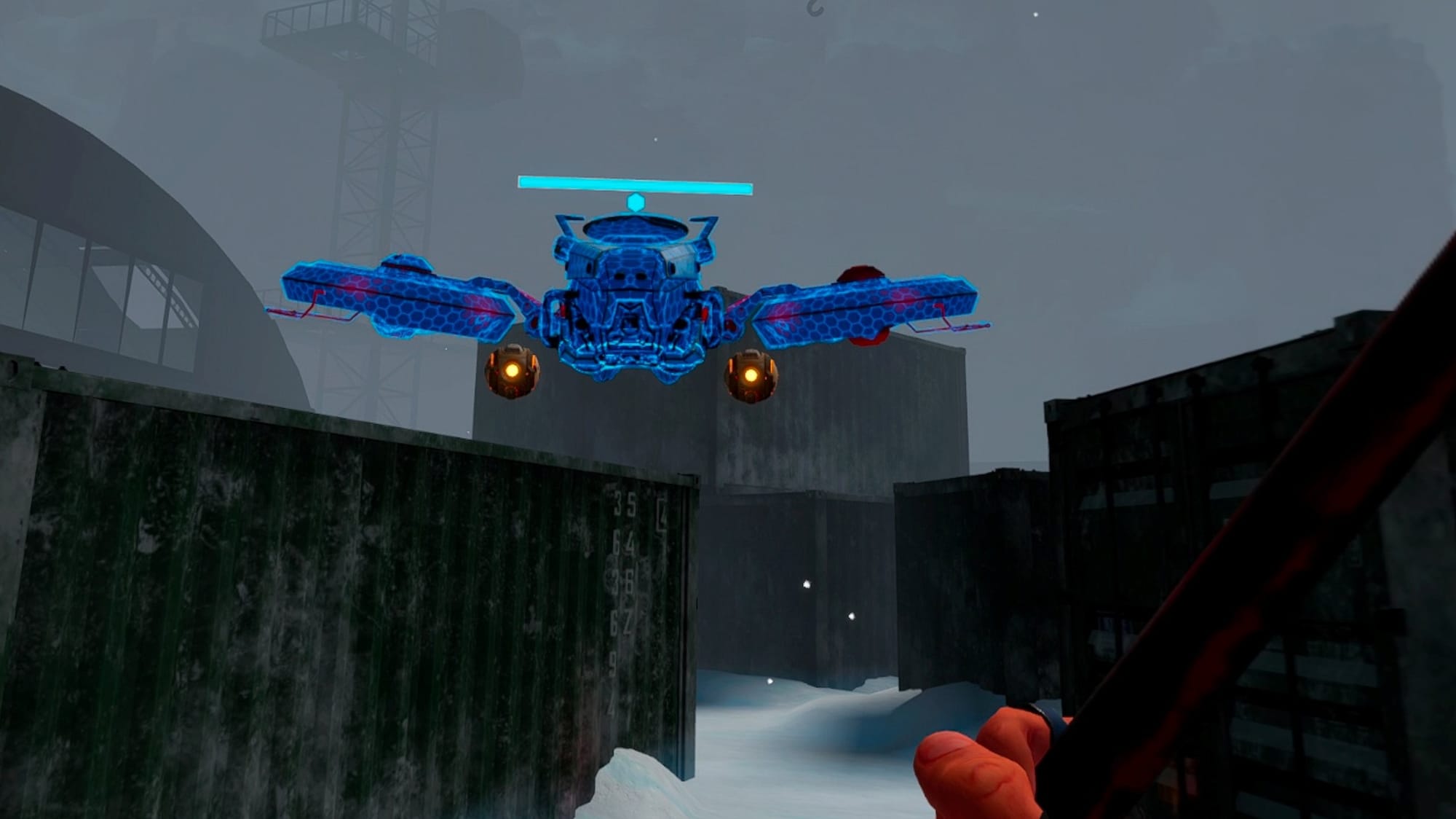 Into The Darkness VR screenshot shows an aerial drone with blue patterns around it to show shielding