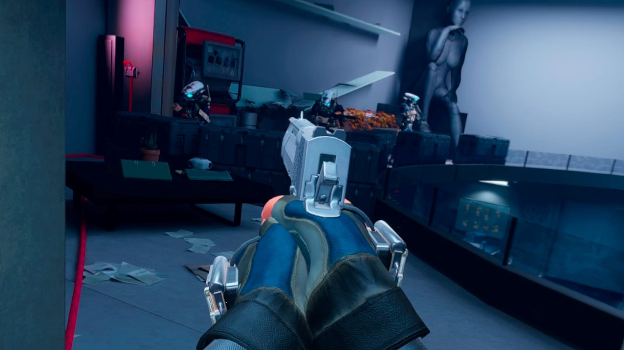 Into The Darkness VR screenshot shows you aiming a pistol at a robot
