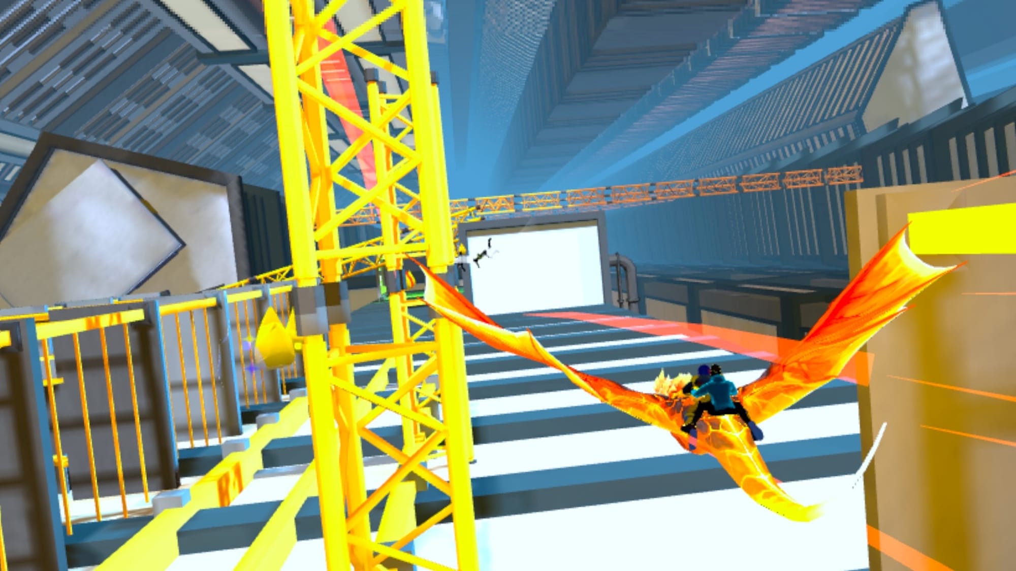 Two people flying on a phoenix across a level