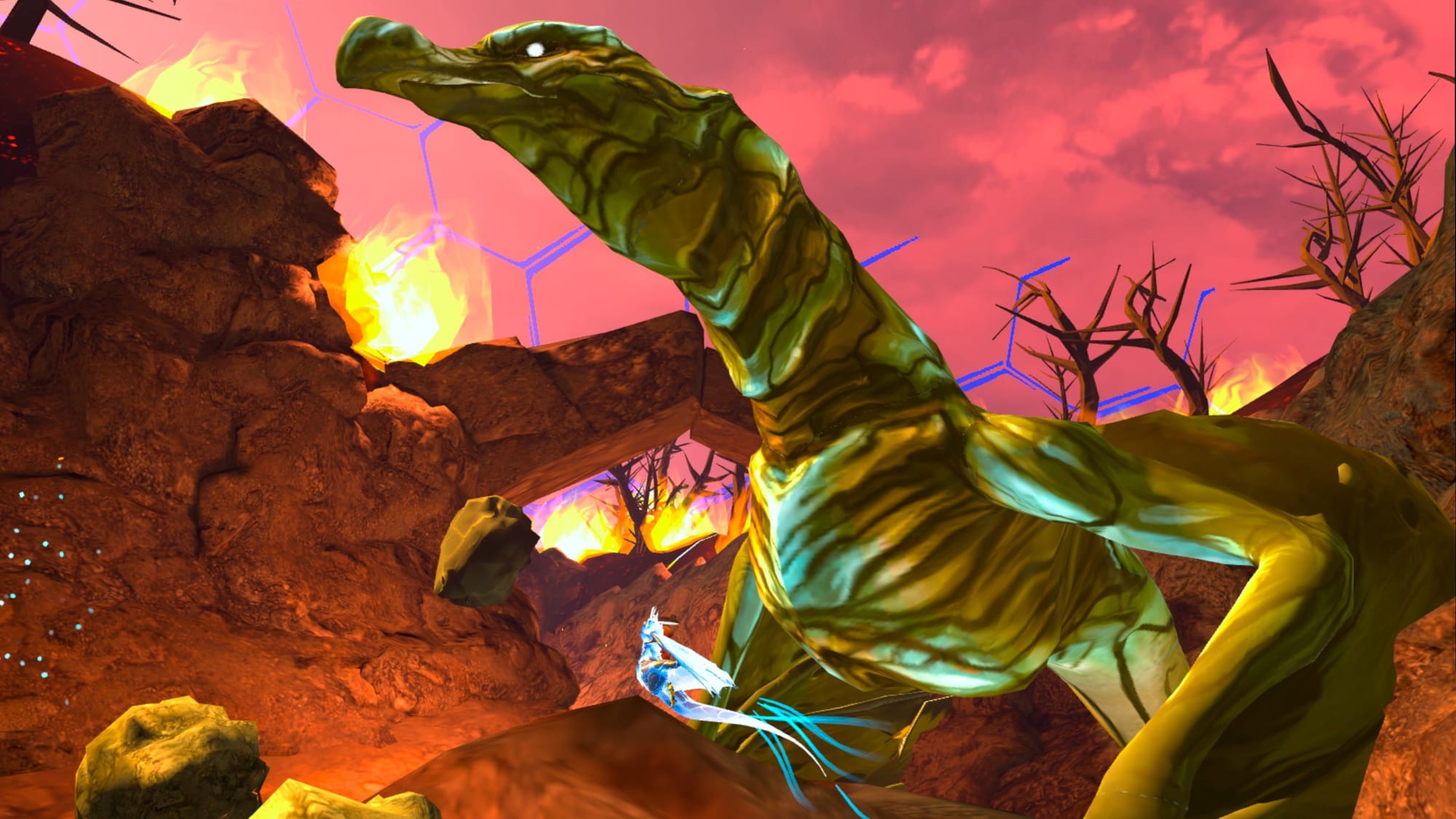 A small blue creature flying near a giant creature as the environment burns