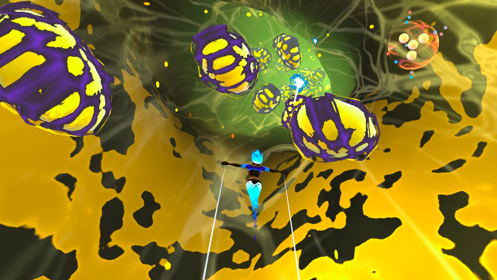 A blue character with flame-like hair flying through a strange yellow and black world