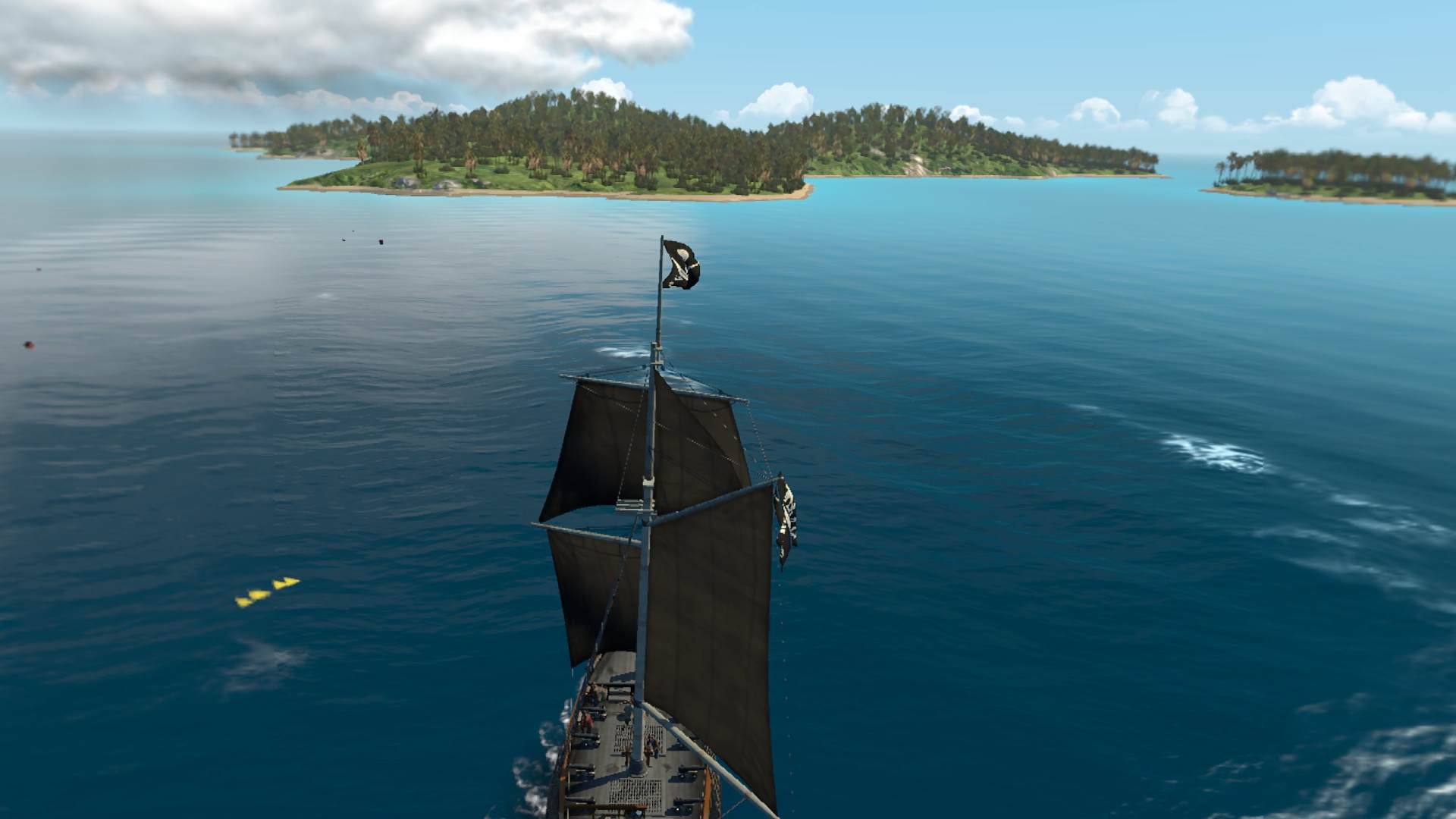 A pirate ship in open waters sailing towards an island
