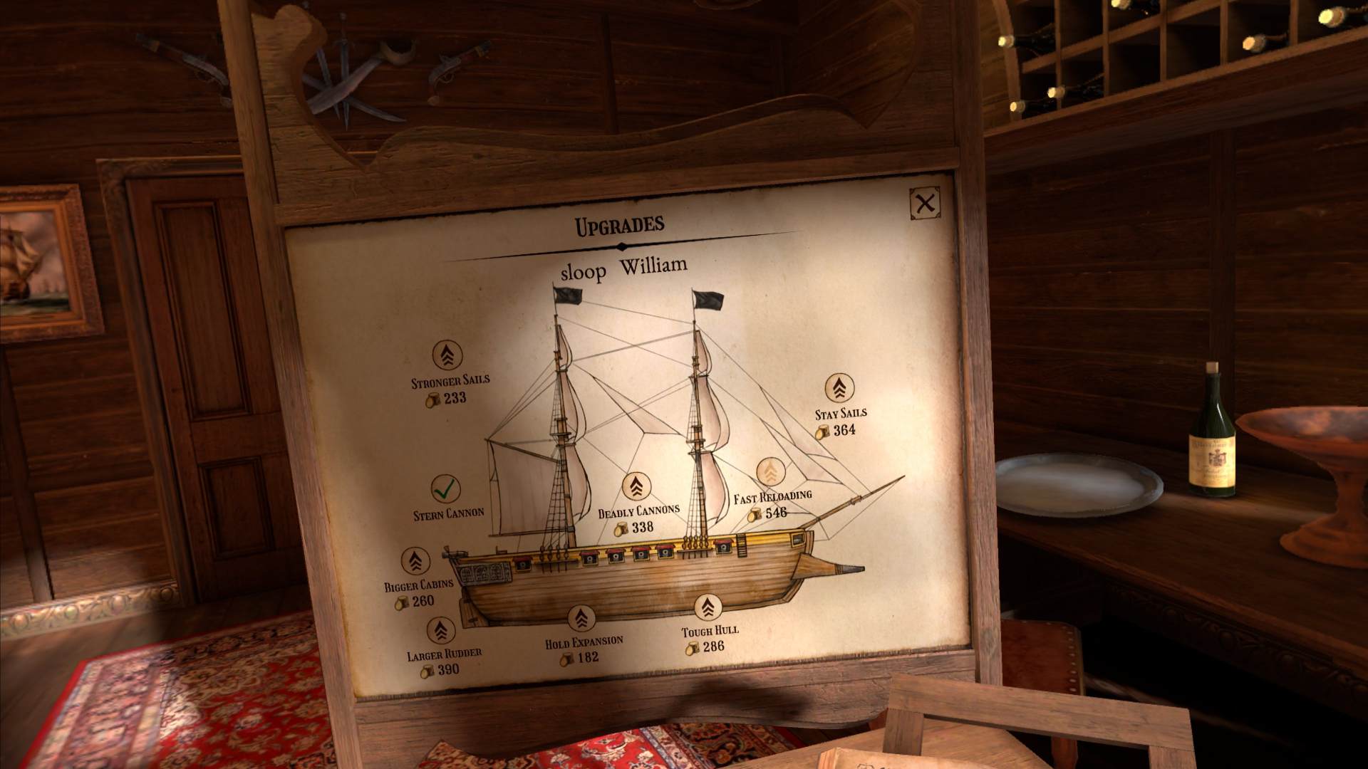An outline of a ship and potential upgrades you can purchase for it
